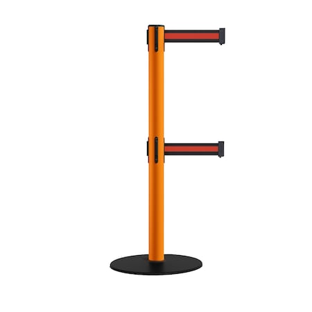 Retractable Dbl Belt 2.5 Orange Post , Low Base, 7.5'Bk/R H Belt